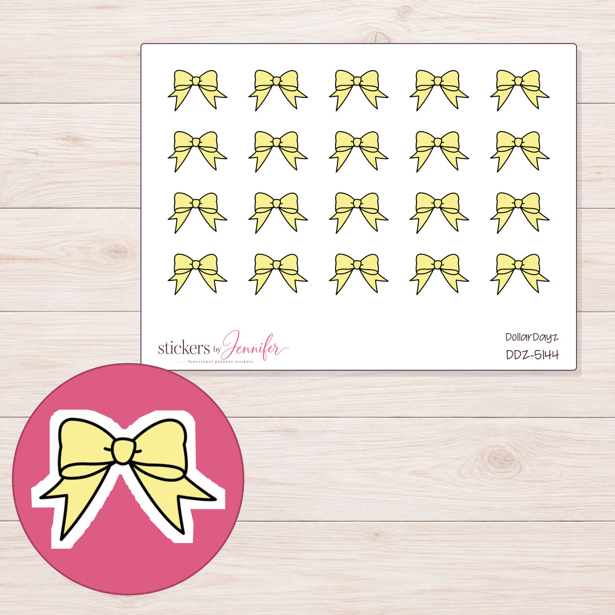 Yellow Ribbon Bow Planner Stickers | DDZ-5144 — 4 × 3 inch sheet and enlarged sticker detail