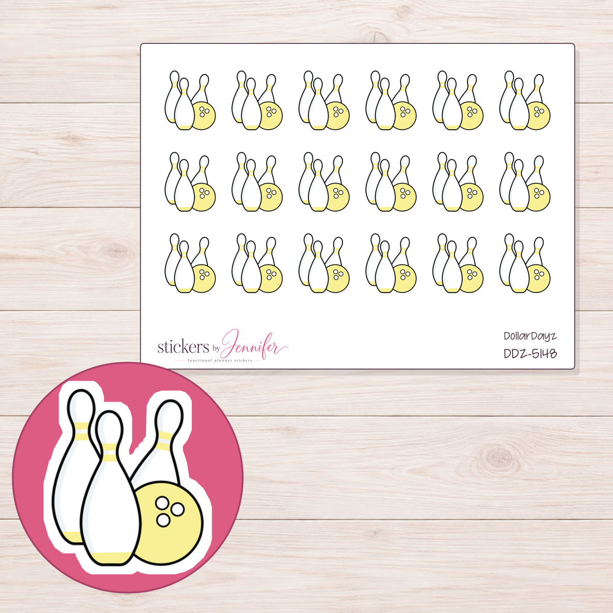 Yellow Bowling Ball and Pins Planner Stickers | DDZ-5148 — 4 × 3 inch sheet and enlarged sticker detail