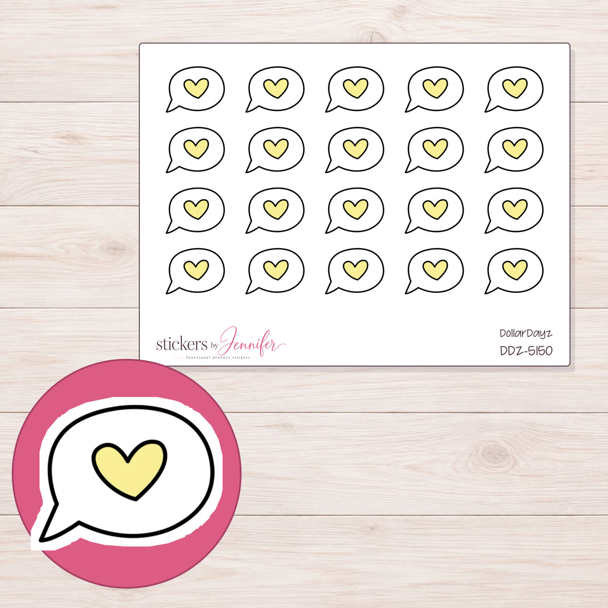 Yellow Heart Speech Bubble Planner Stickers | DDZ-5150 — 4 × 3 inch sheet and enlarged sticker detail