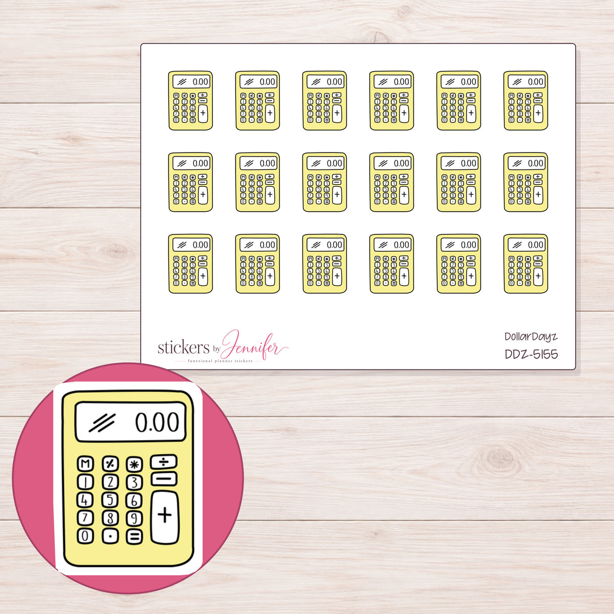 Yellow Calculator Planner Stickers | DDZ-5155 — 4 × 3 inch sheet and enlarged sticker detail