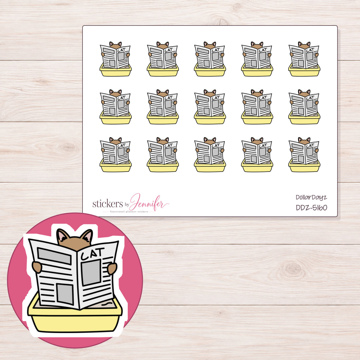 Cat in Yellow Litter Box Planner Stickers | DDZ-5160 — 4 × 3 inch sheet and enlarged sticker detail