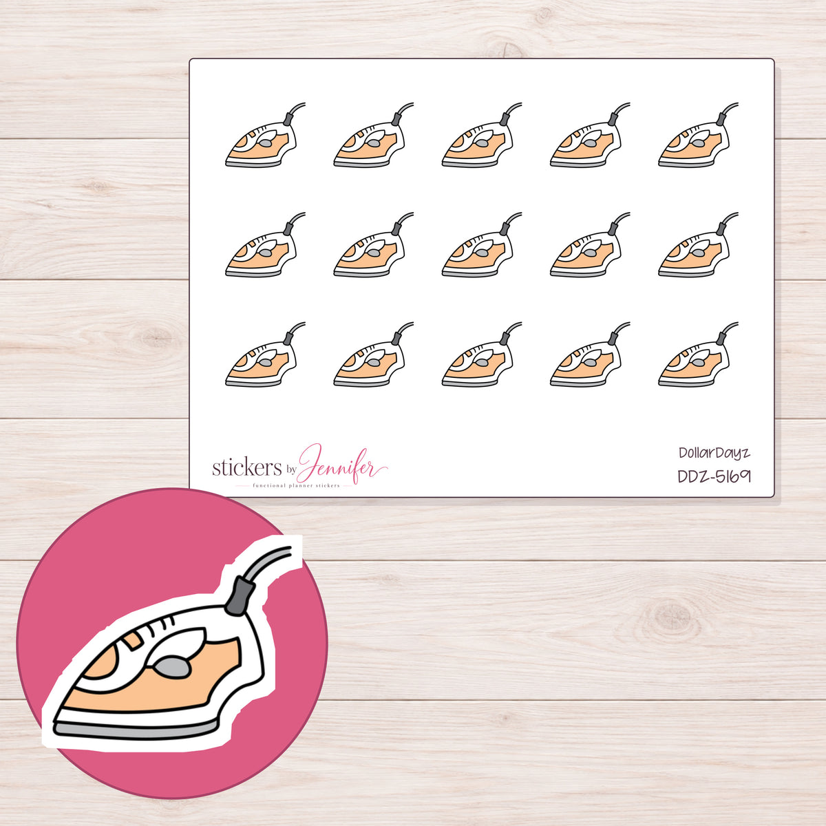 Peach Clothes Iron Planner Stickers | DDZ-5169 — 4 × 3 inch sheet and enlarged sticker detail