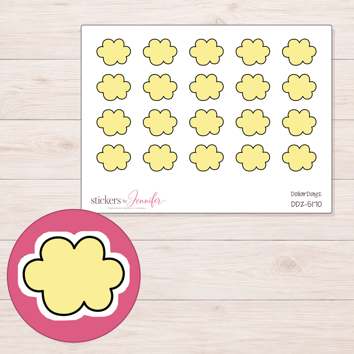 Yellow Cloud Planner Stickers | DDZ-5170 — 4 × 3 inch sheet and enlarged sticker detail