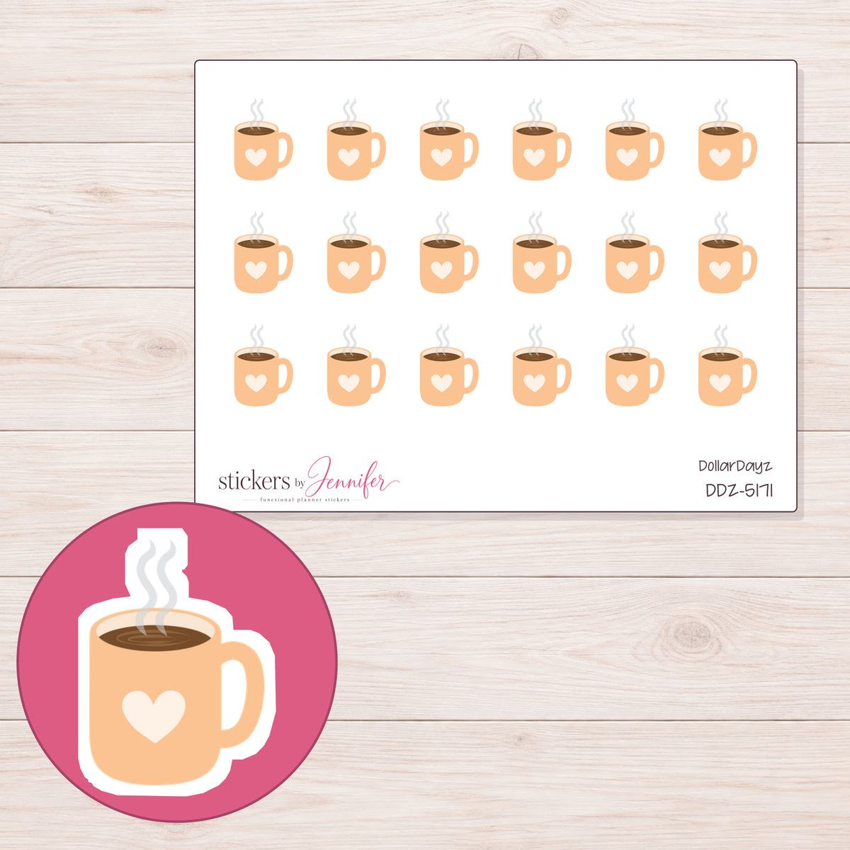 Peach Heart Coffee Mug Planner Stickers | DDZ-5171 — 4 × 3 inch sheet and enlarged sticker detail