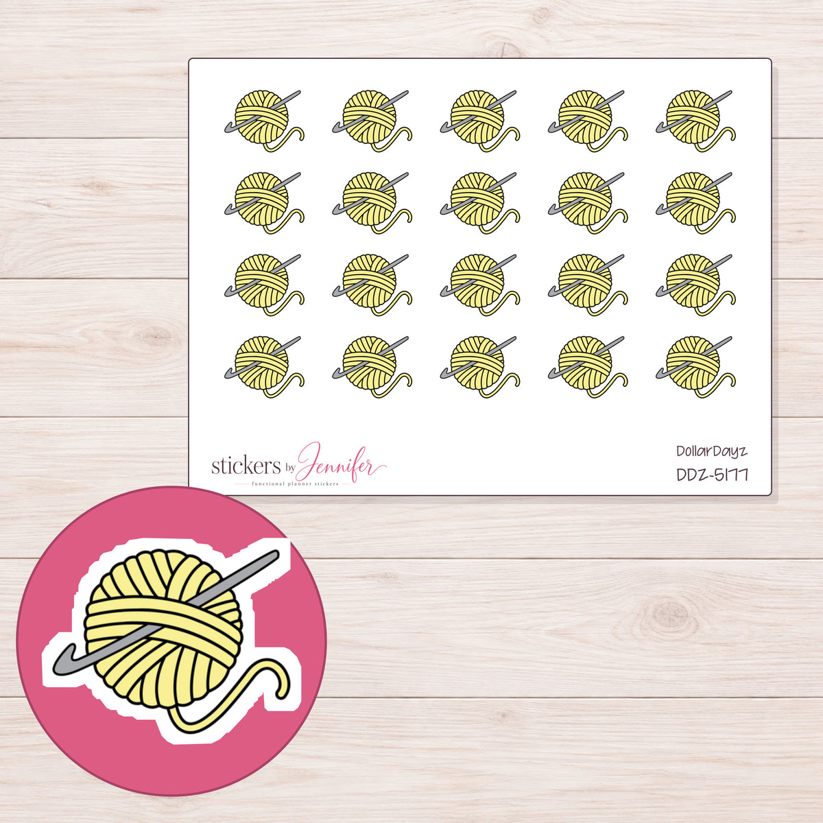 Yellow Yarn Ball and Hook Planner Stickers | DDZ-5177 — 4 × 3 inch sheet and enlarged sticker detail