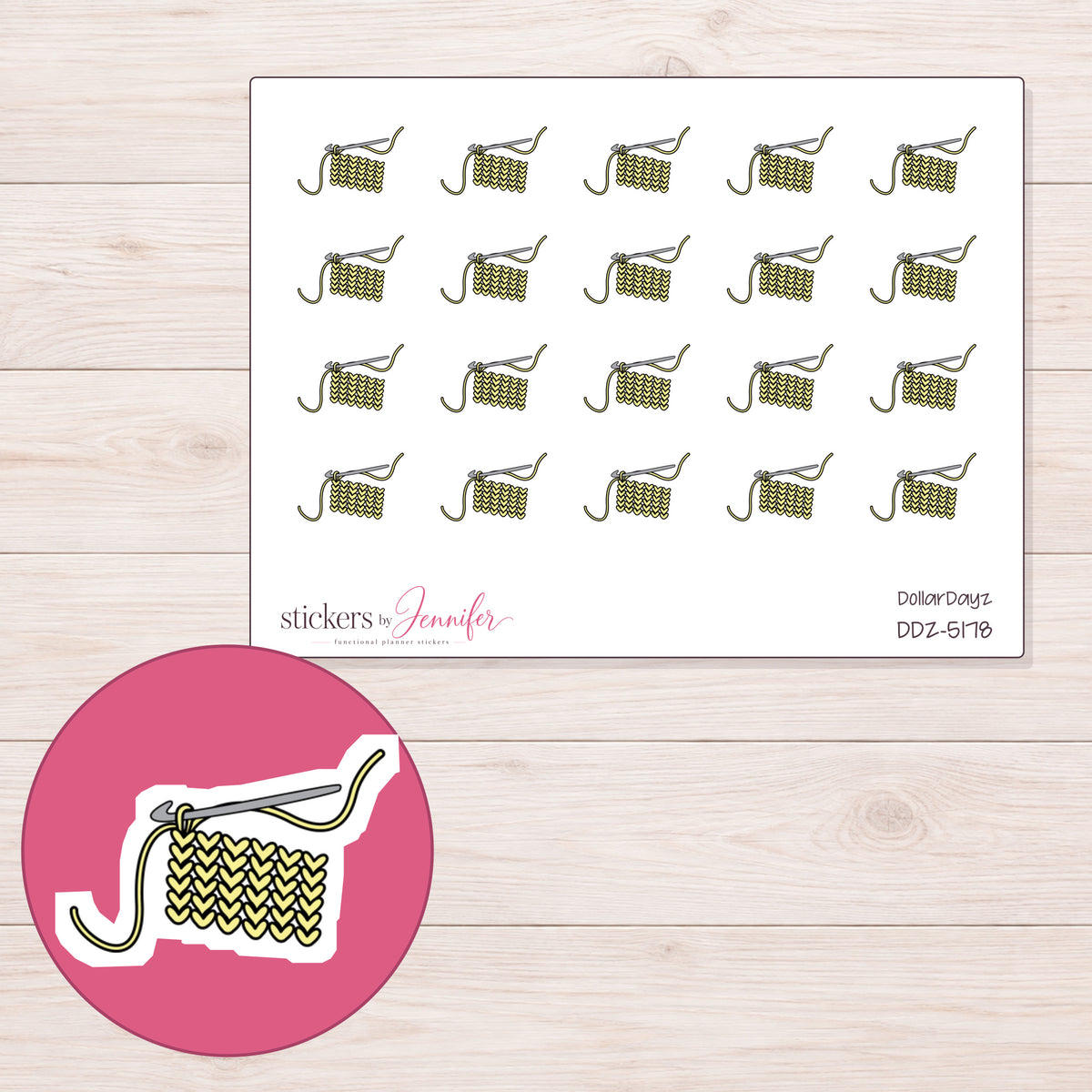 Yellow Crochet Swatch Planner Stickers | DDZ-5178 — 4 × 3 inch sheet and enlarged sticker detail