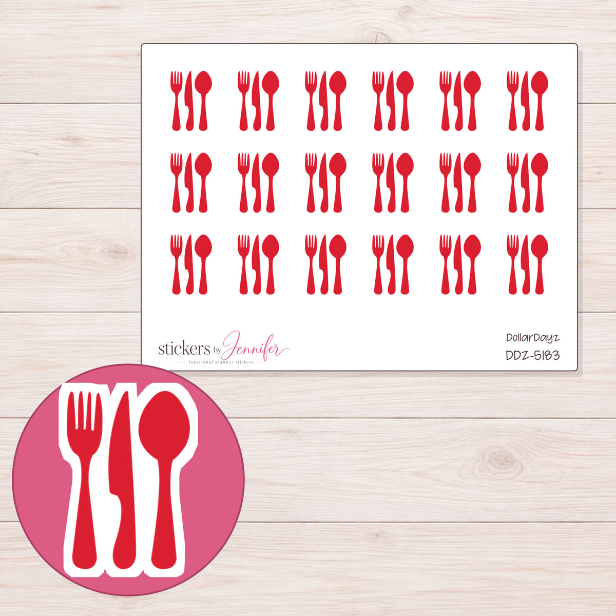 Red Cutlery Planner Stickers | DDZ-5183 — 4 × 3 inch sheet and enlarged sticker detail