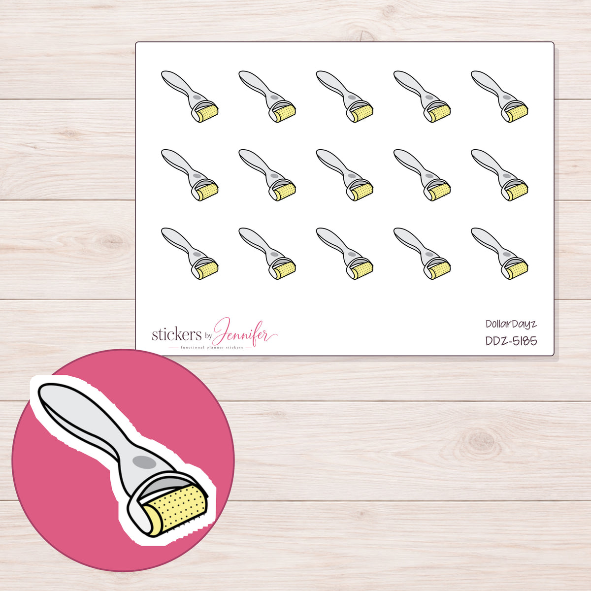 Yellow Derma Roller Planner Stickers | DDZ-5185 — 4 × 3 inch sheet and enlarged sticker detail