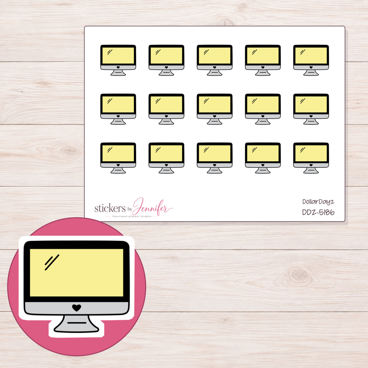 Yellow Screen Desktop Computer Planner Stickers | DDZ-5186 — 4 × 3 inch sheet and enlarged sticker detail
