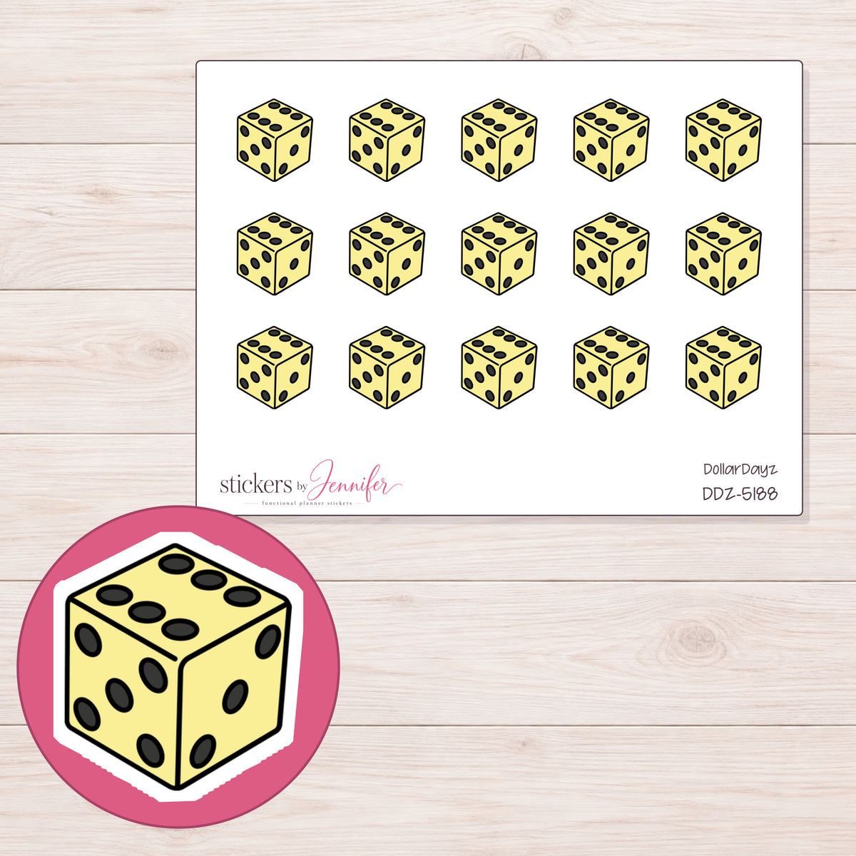 Yellow Die Planner Stickers | DDZ-5188 — 4 × 3 inch sheet and enlarged sticker detail
