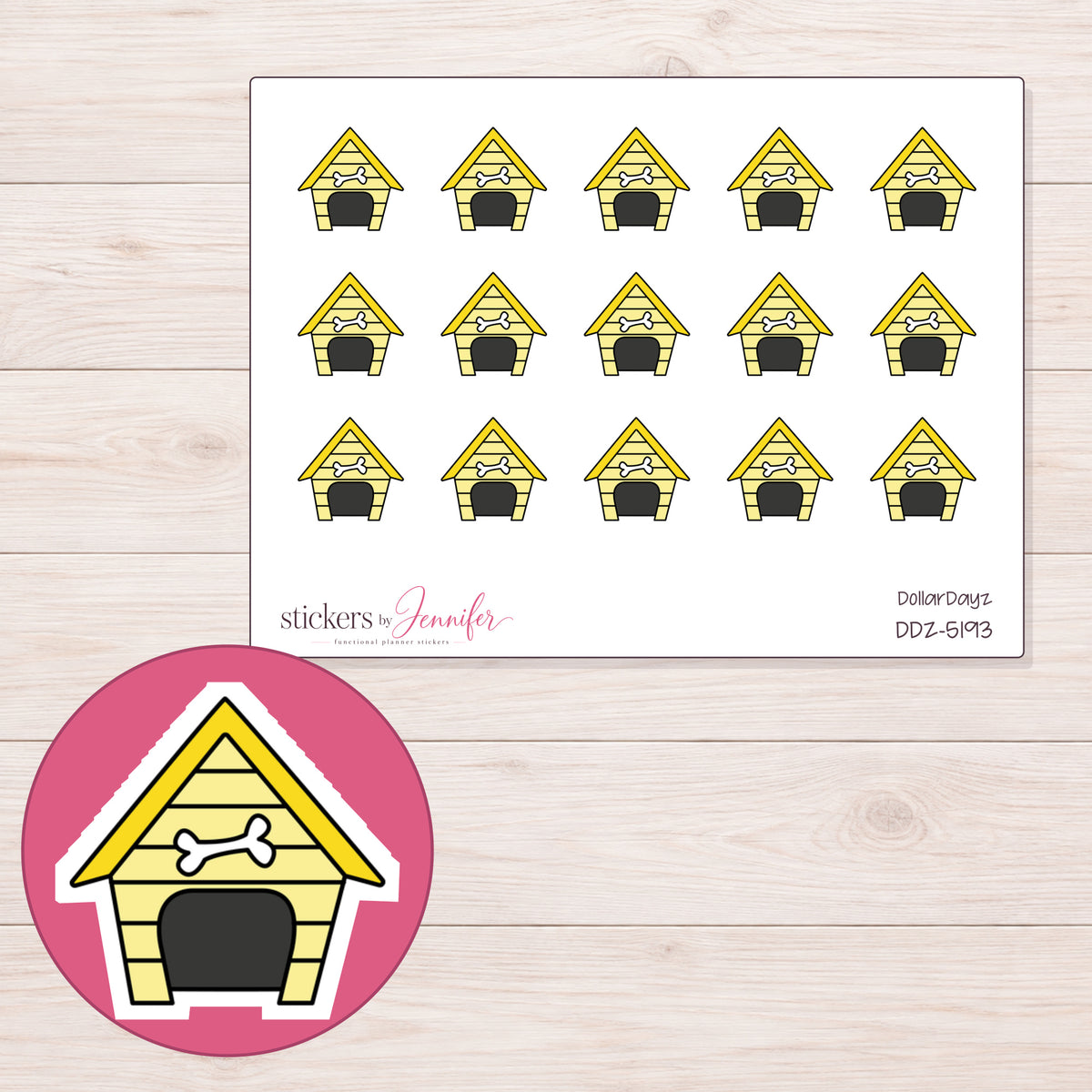 Yellow Dog House Planner Stickers | DDZ-5193 — 4 × 3 inch sheet and enlarged sticker detail