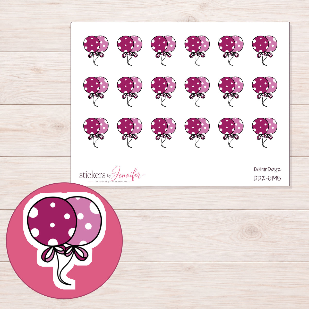 Pink Polka Dot Balloons Planner Stickers | DDZ-5195 — 4 × 3 inch sheet and enlarged sticker detail