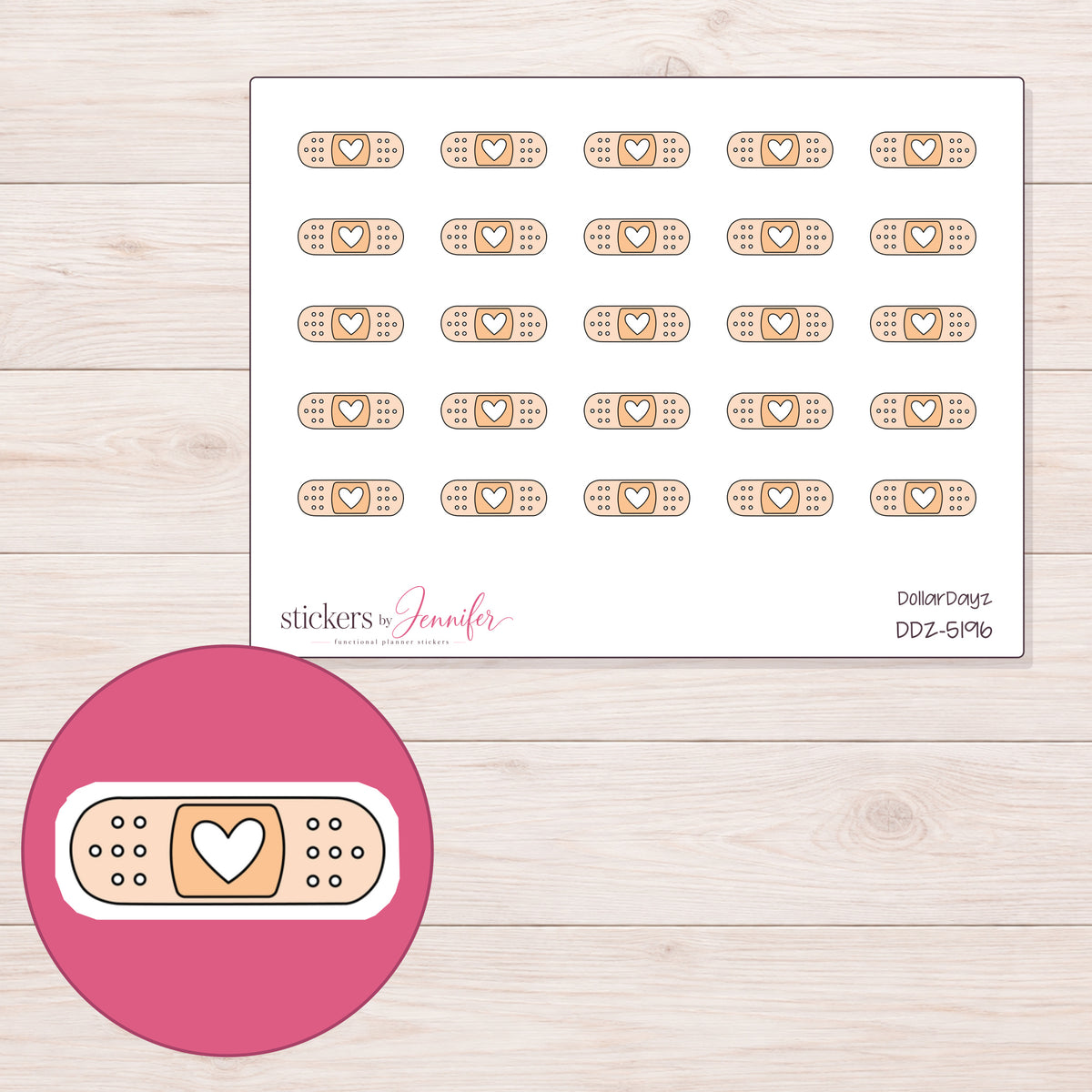 Peach Doodle Heart Bandage Planner Stickers | DDZ-5196 — 4 × 3 inch sheet and enlarged sticker detail