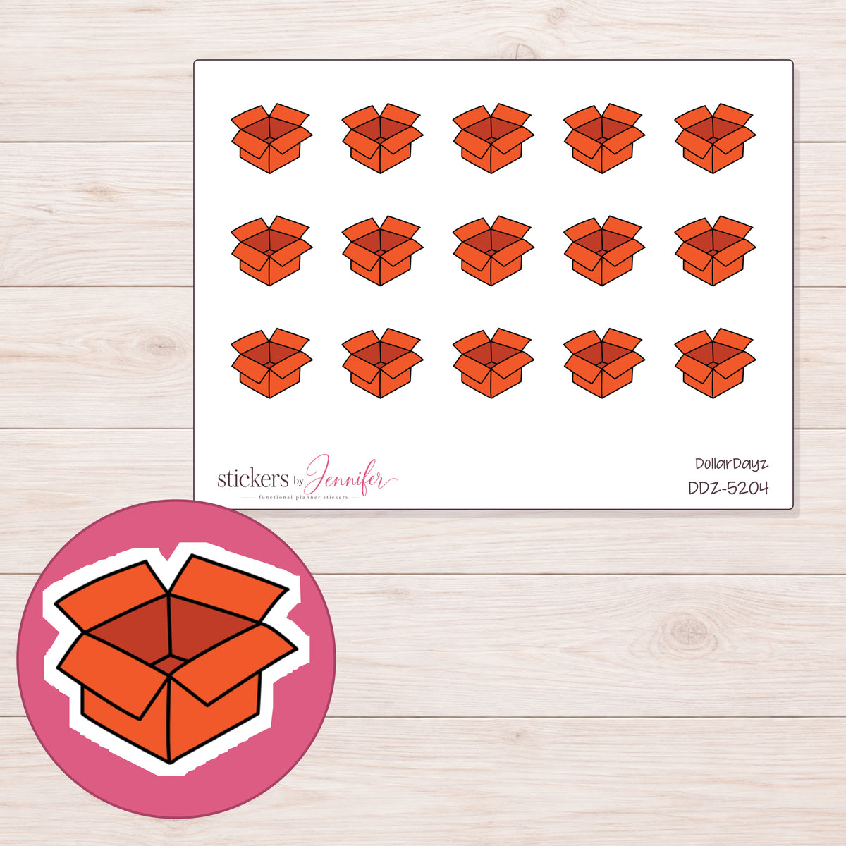 Orange Open Shipping Box Planner Stickers | DDZ-5204 — 4 × 3 inch sheet and enlarged sticker detail