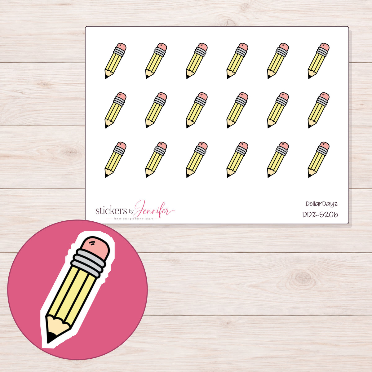 Yellow Doodle Pencil Planner Stickers | DDZ-5206 — 4 × 3 inch sheet and enlarged sticker detail