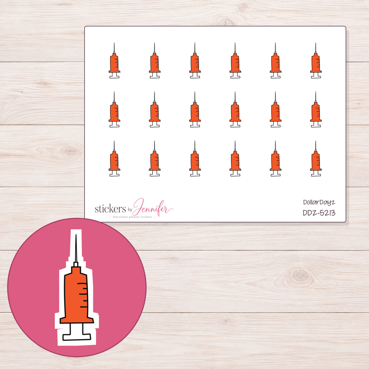 Orange Syringe Planner Stickers | DDZ-5213 — 4 × 3 inch sheet and enlarged sticker detail