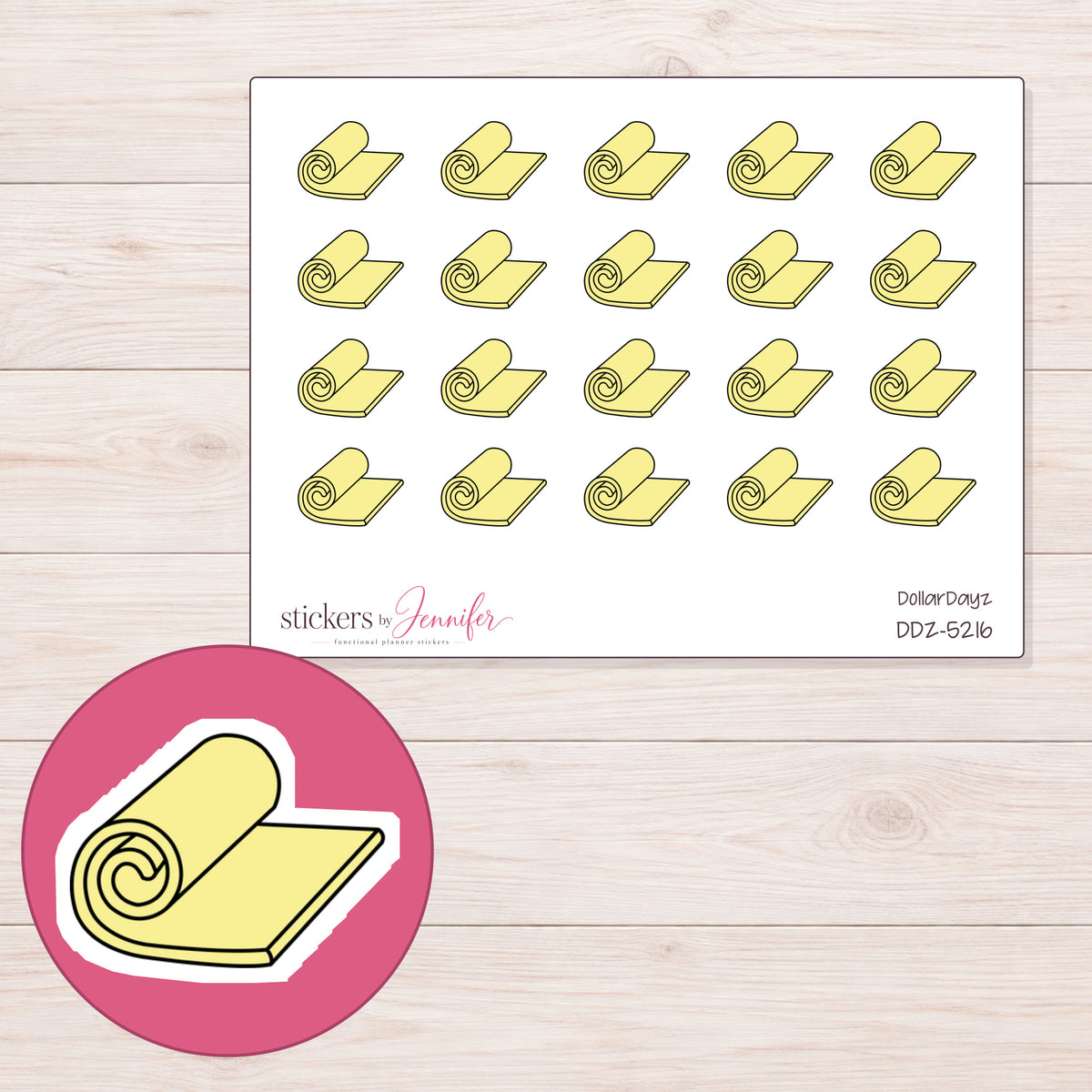 Yellow Rolled Yoga Mat Planner Stickers | DDZ-5216 — 4 × 3 inch sheet and enlarged sticker detail