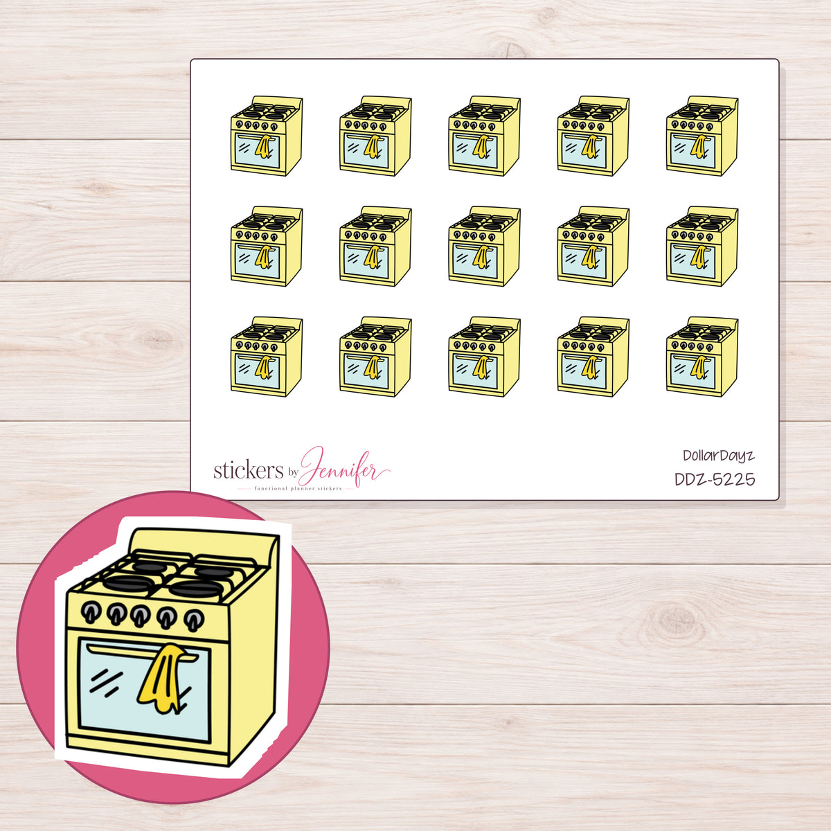 Yellow Kitchen Stove Planner Stickers | DDZ-5225 — 4 × 3 inch sheet and enlarged sticker detail