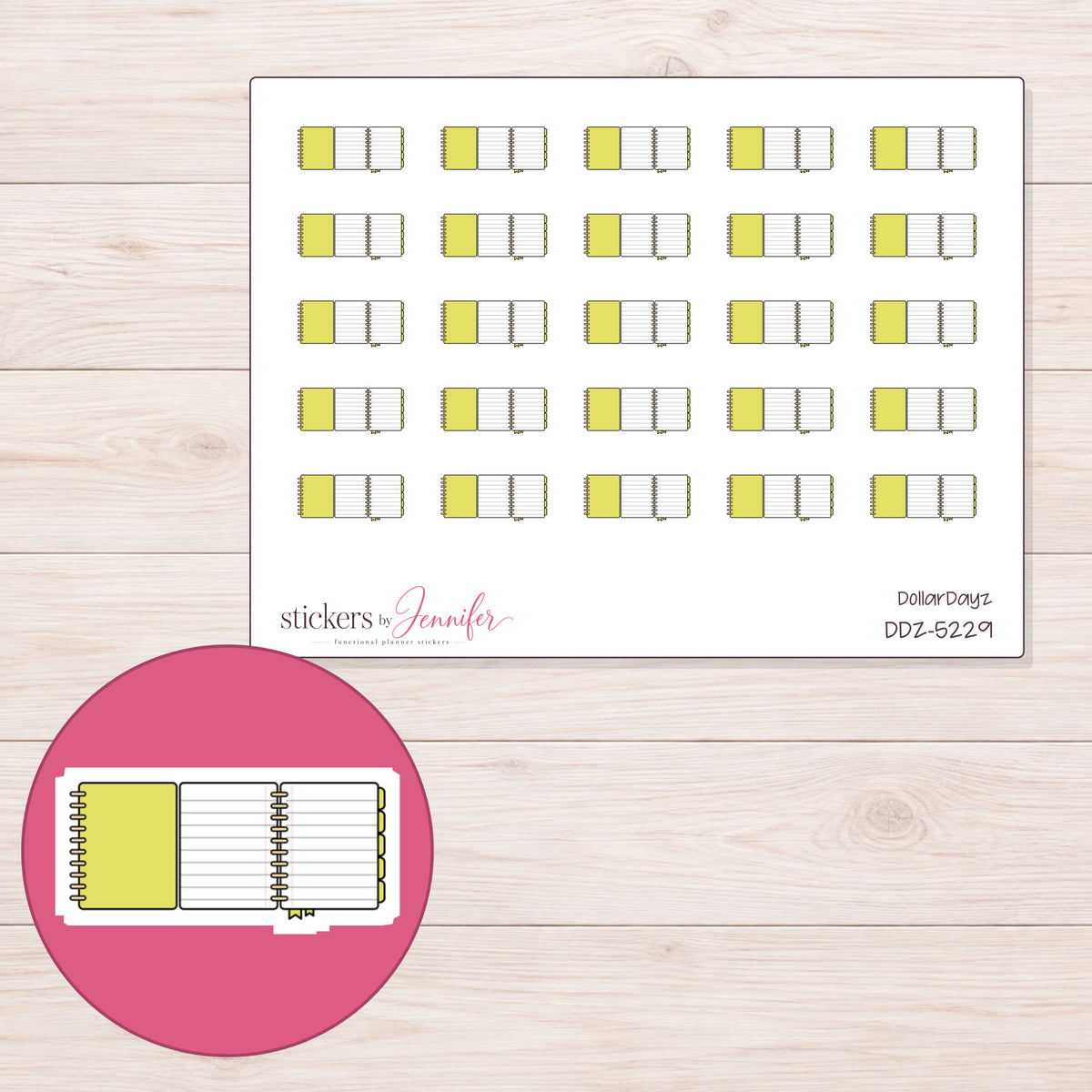 Yellow Foldout Planner Stickers | DDZ-5229 — 4 × 3 inch sheet and enlarged sticker detail
