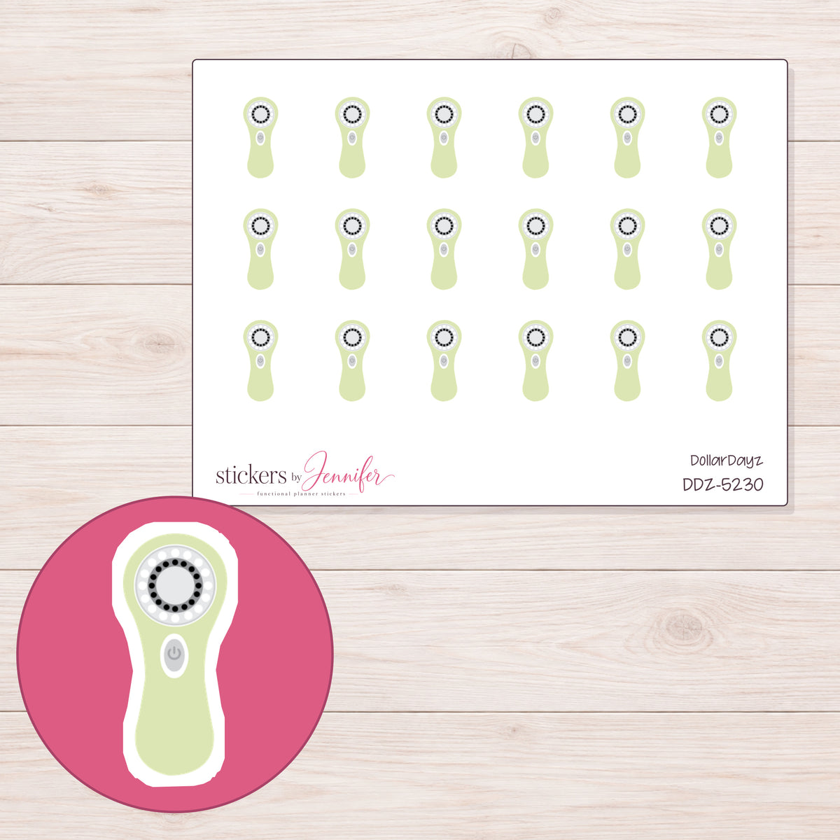 Pale Green Facial Brush Planner Stickers | DDZ-5230 — 4 × 3 inch sheet and enlarged sticker detail