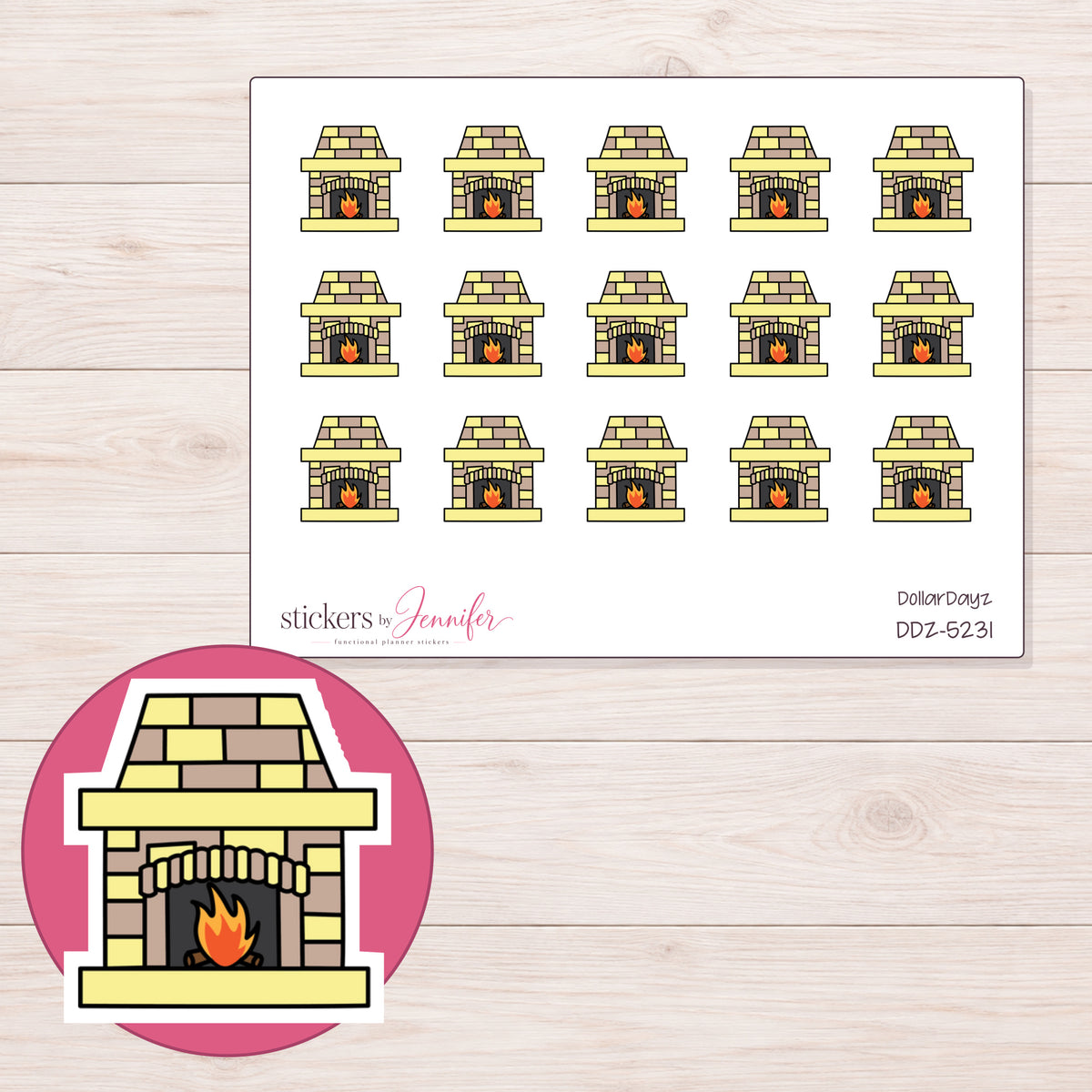 Yellow Brick Fireplace Planner Stickers | DDZ-5231 — 4 × 3 inch sheet and enlarged sticker detail