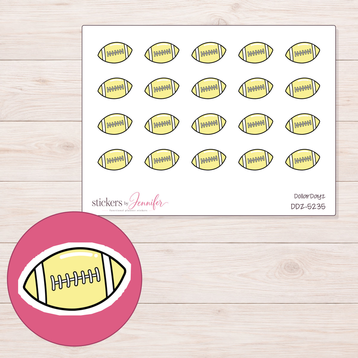 Yellow Football Planner Stickers | DDZ-5235 — 4 × 3 inch sheet and enlarged sticker detail