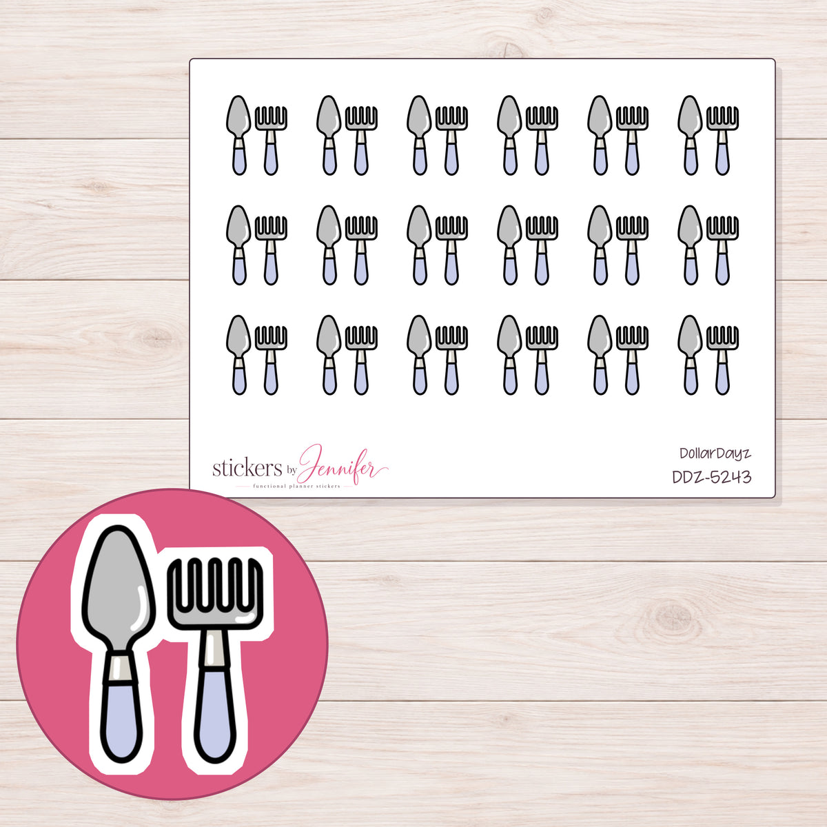 Gray Garden Hand Tools Planner Stickers | DDZ-5243 — 4 × 3 inch sheet and enlarged sticker detail