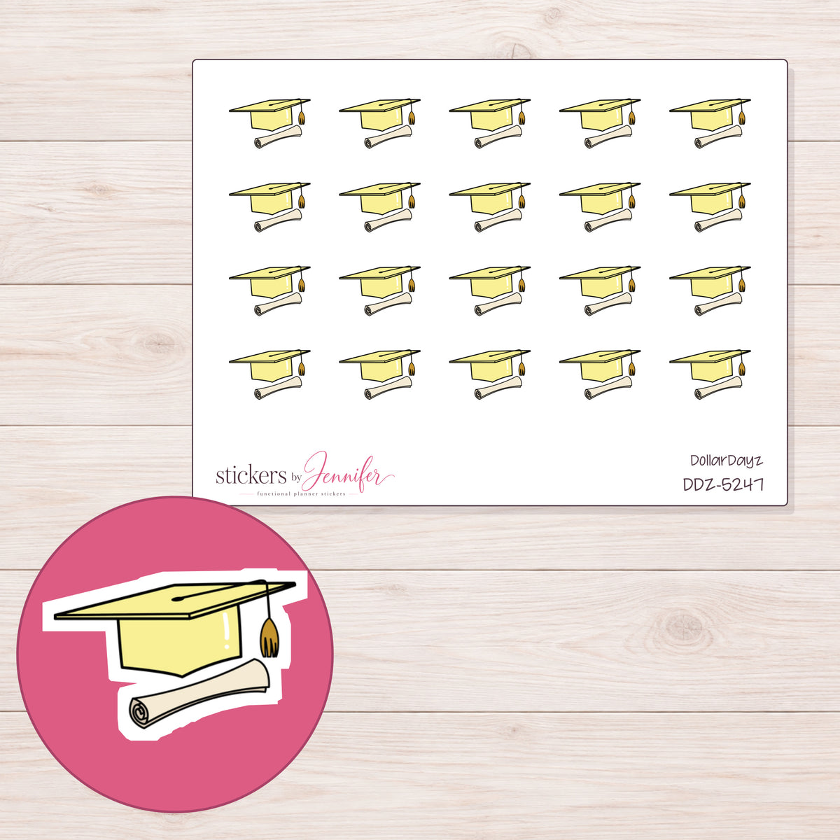 Yellow Graduation Cap Planner Stickers | DDZ-5247 — 4 × 3 inch sheet and enlarged sticker detail
