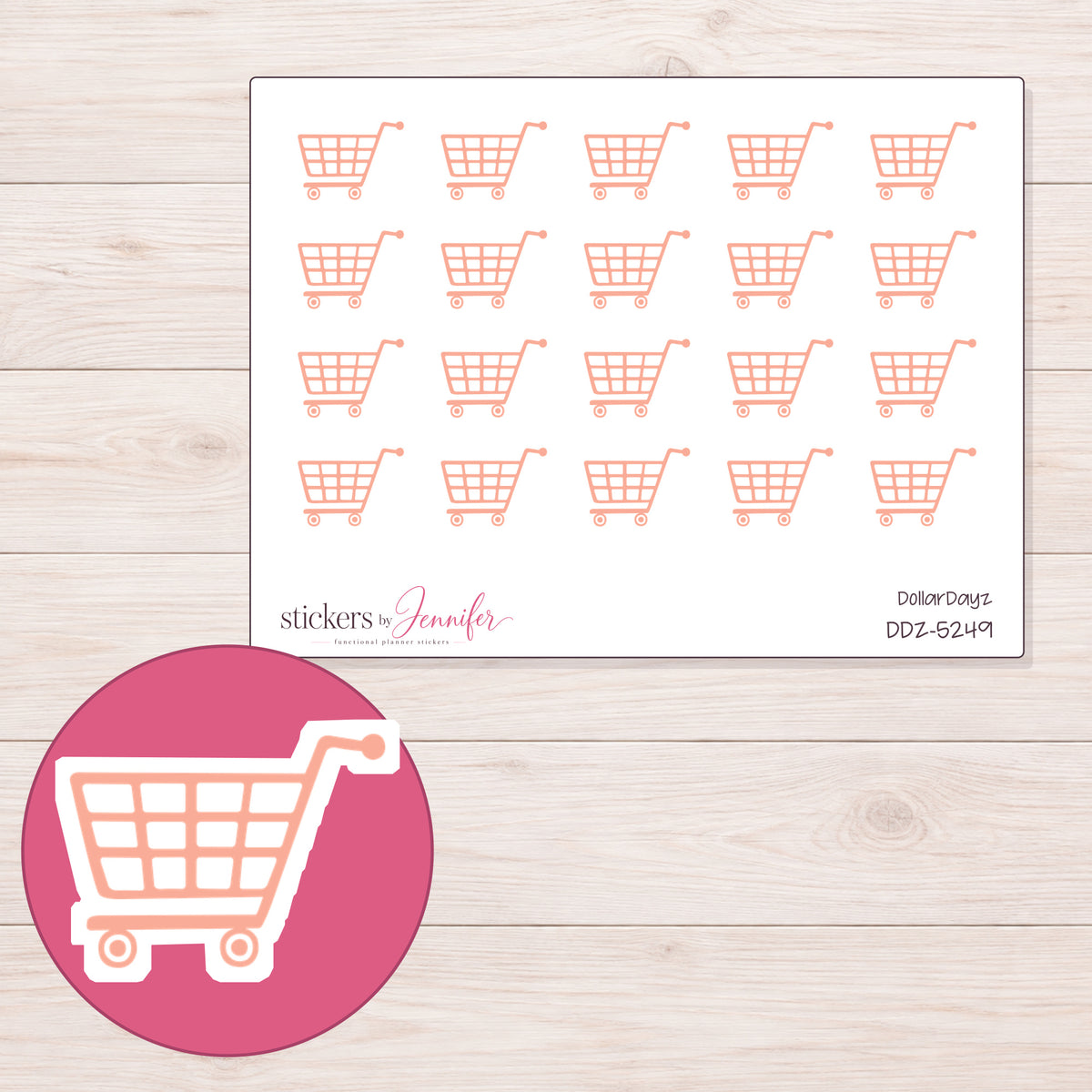 Peach Grocery Cart Planner Stickers | DDZ-5249 — 4 × 3 inch sheet and enlarged sticker detail