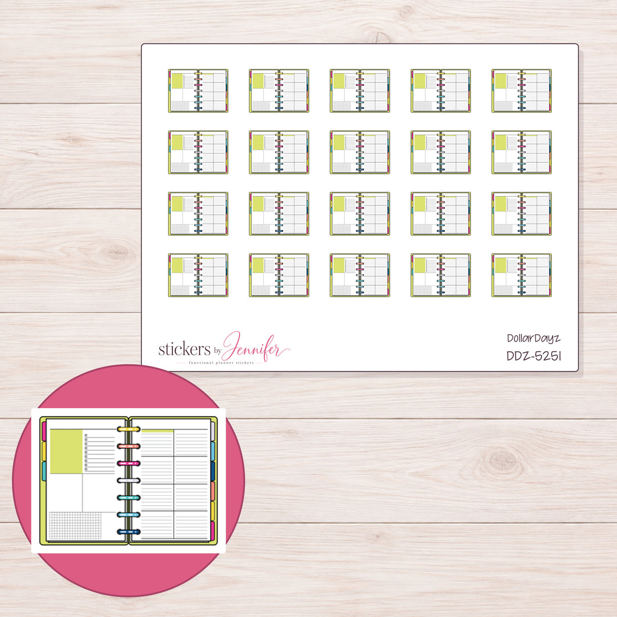 Open Yellow Disc Planner Stickers | DDZ-5251 — 4 × 3 inch sheet and enlarged sticker detail
