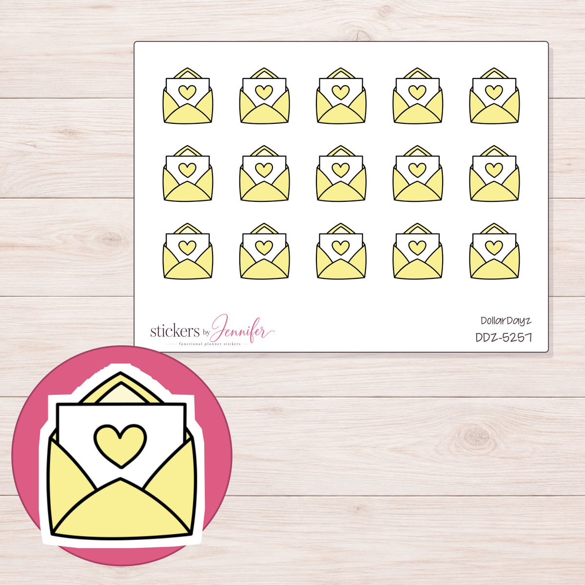 Yellow Heart Happy Mail Planner Stickers | DDZ-5257 — 4 × 3 inch sheet and enlarged sticker detail