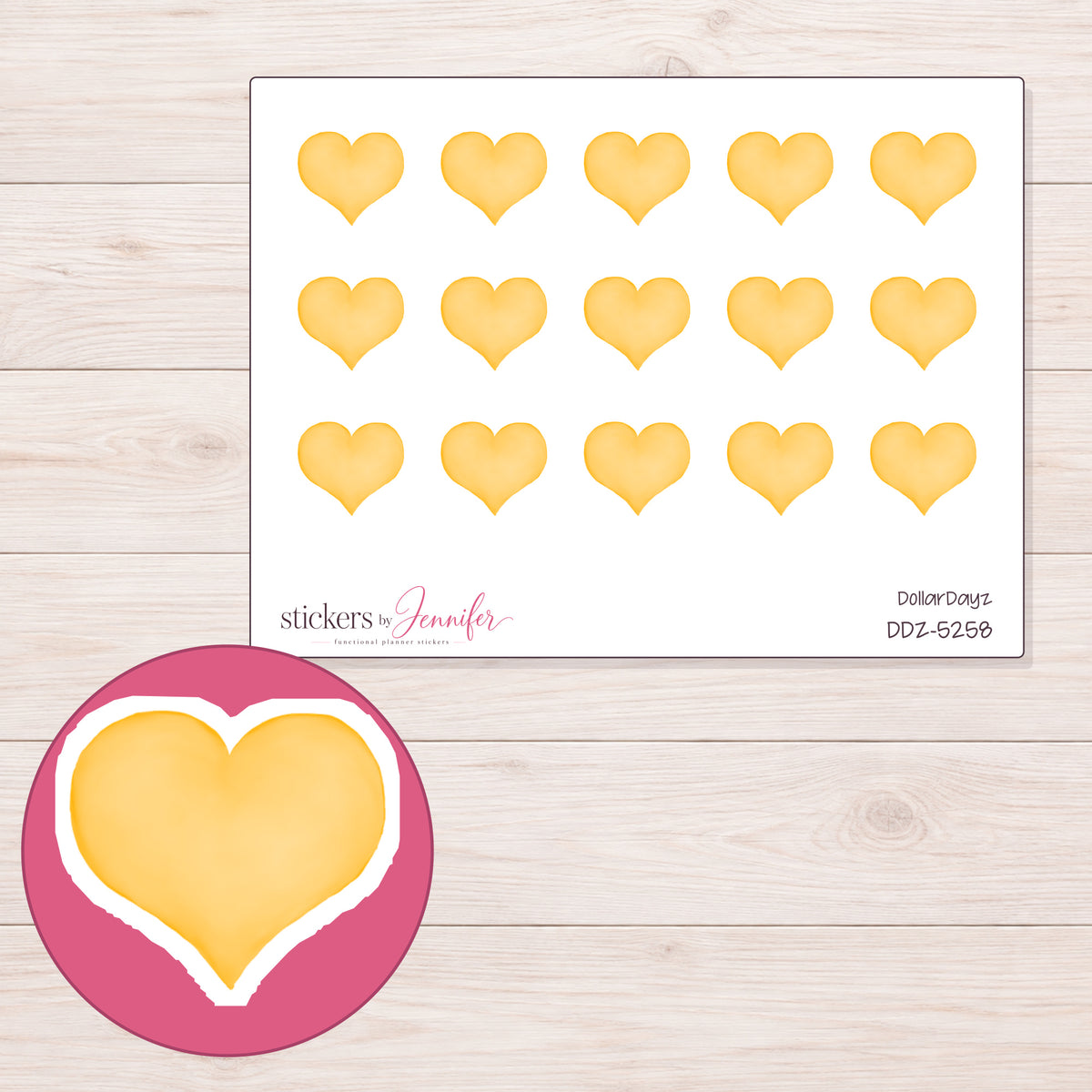 Golden Yellow Heart Planner Stickers | DDZ-5258 — 4 × 3 inch sheet and enlarged sticker detail