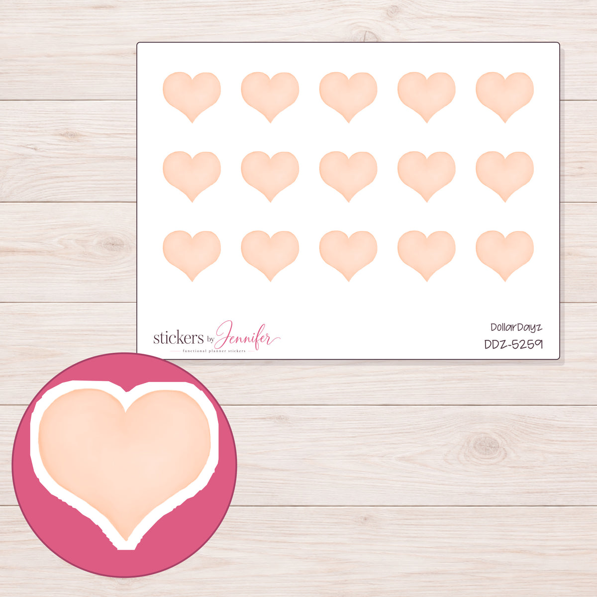Pastel Peach Heart Planner Stickers | DDZ-5259 — 4 × 3 inch sheet and enlarged sticker detail