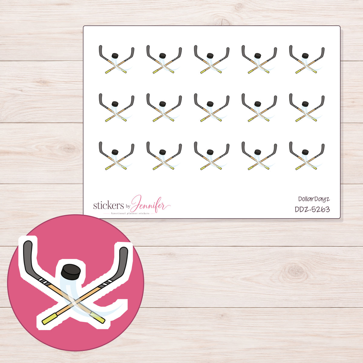 Hockey Sticks and Puck Planner Stickers | DDZ-5263 — 4 × 3 inch sheet and enlarged sticker detail