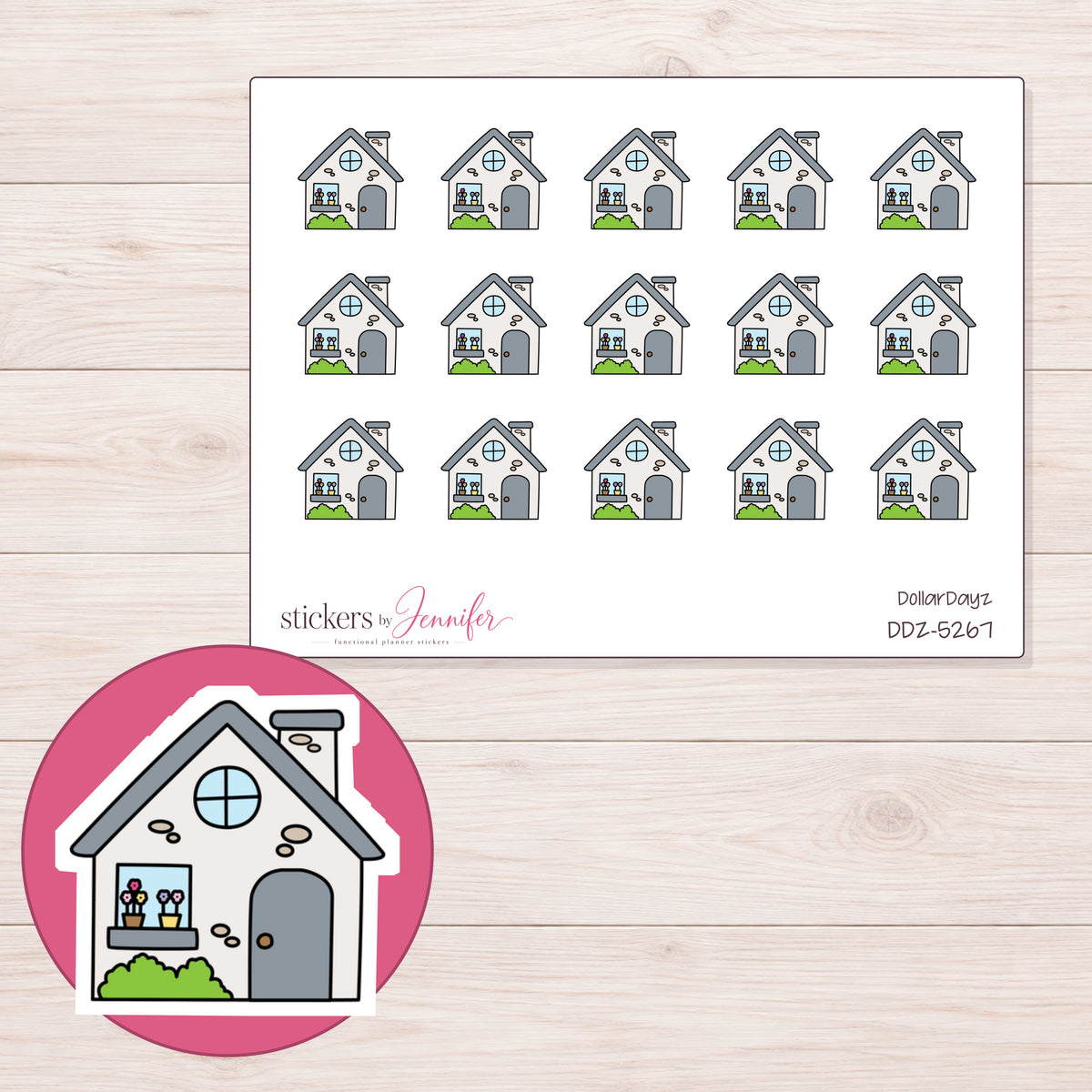 Gray House Planner Stickers | DDZ-5267 — 4 × 3 inch sheet and enlarged sticker detail