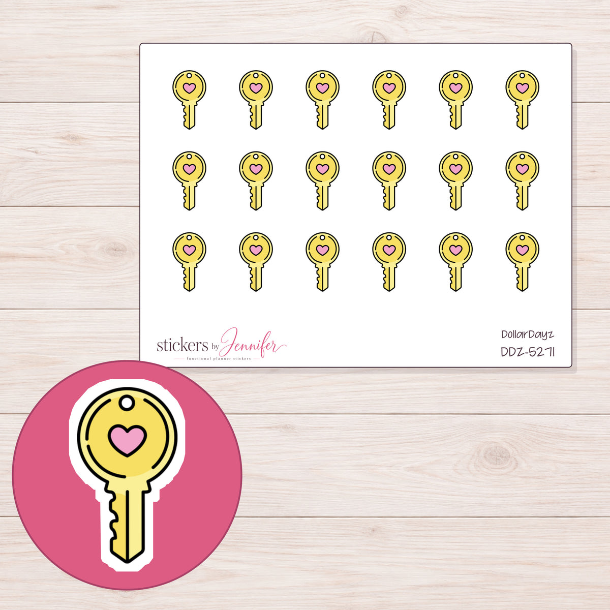 Yellow Heart Key Planner Stickers | DDZ-5271 — 4 × 3 inch sheet and enlarged sticker detail