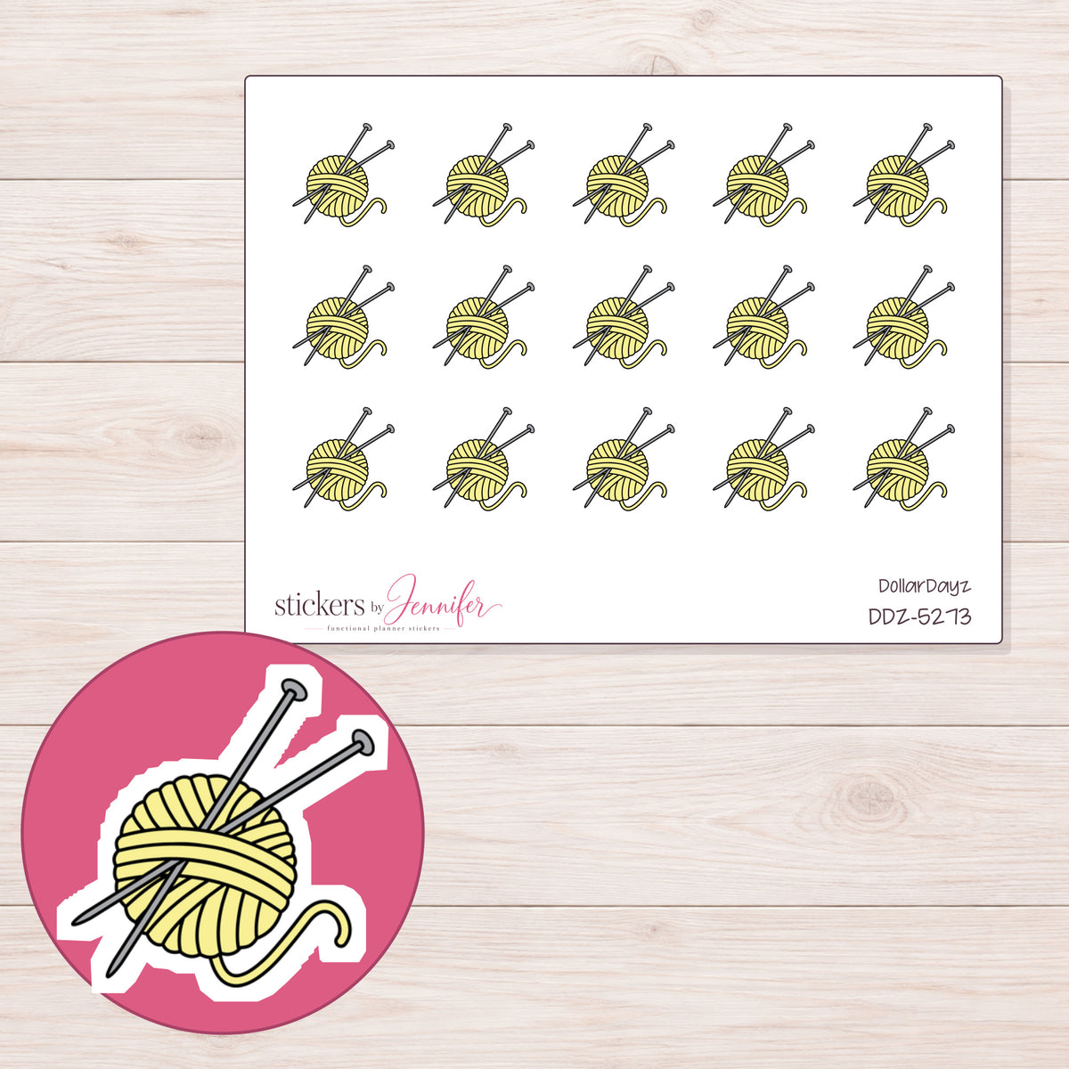 Yellow Yarn and Needles Planner Stickers | DDZ-5273 — 4 × 3 inch sheet and enlarged sticker detail