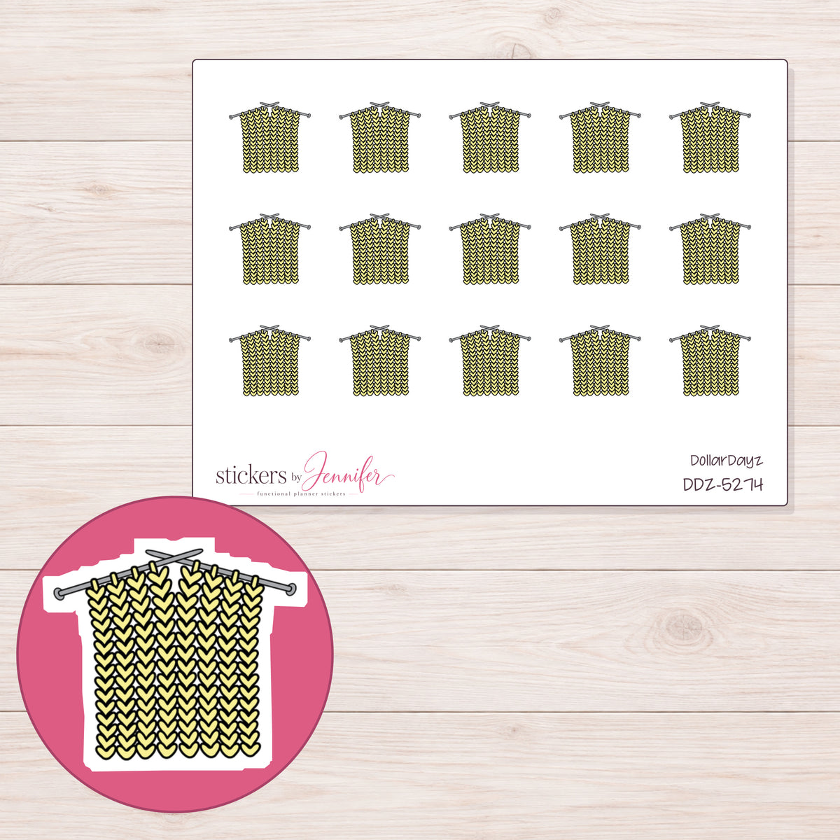 Yellow Knitting Project Planner Stickers | DDZ-5274 — 4 × 3 inch sheet and enlarged sticker detail