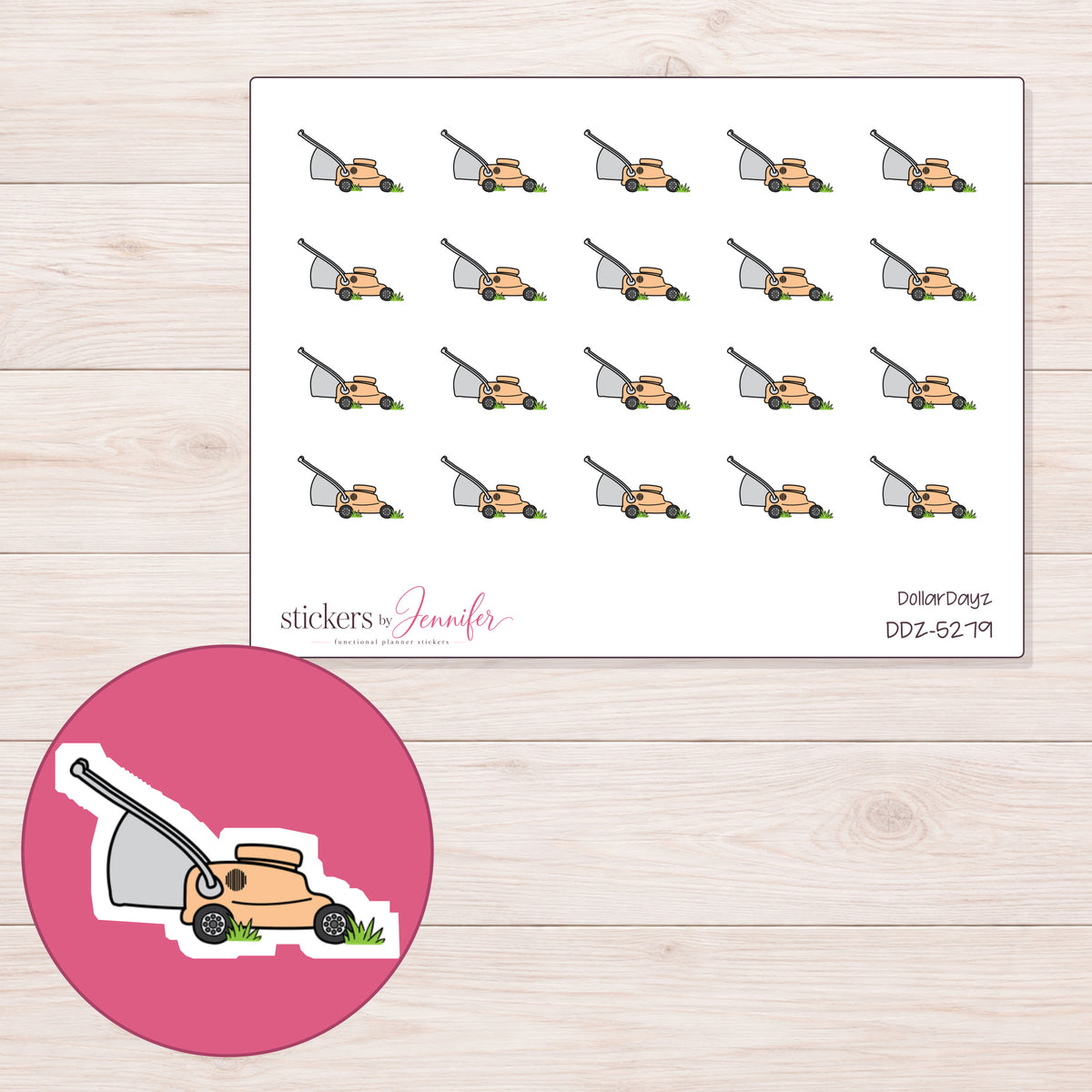 Peach Lawn Mower Planner Stickers | DDZ-5279 — 4 × 3 inch sheet and enlarged sticker detail