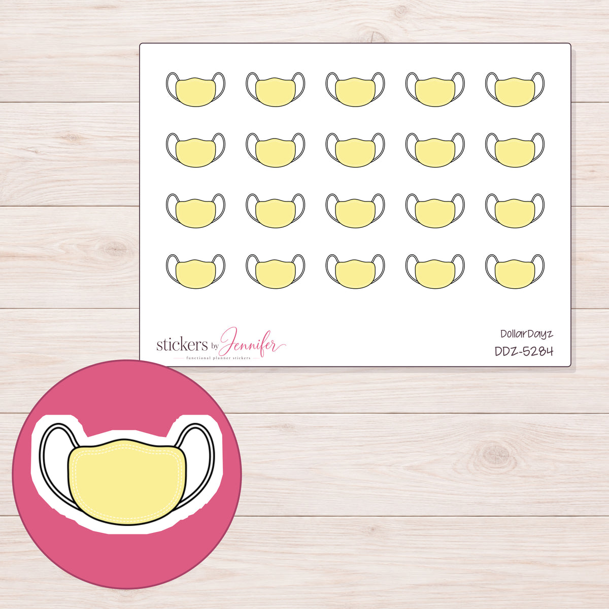 Yellow Face Mask Planner Stickers | DDZ-5284 — 4 × 3 inch sheet and enlarged sticker detail