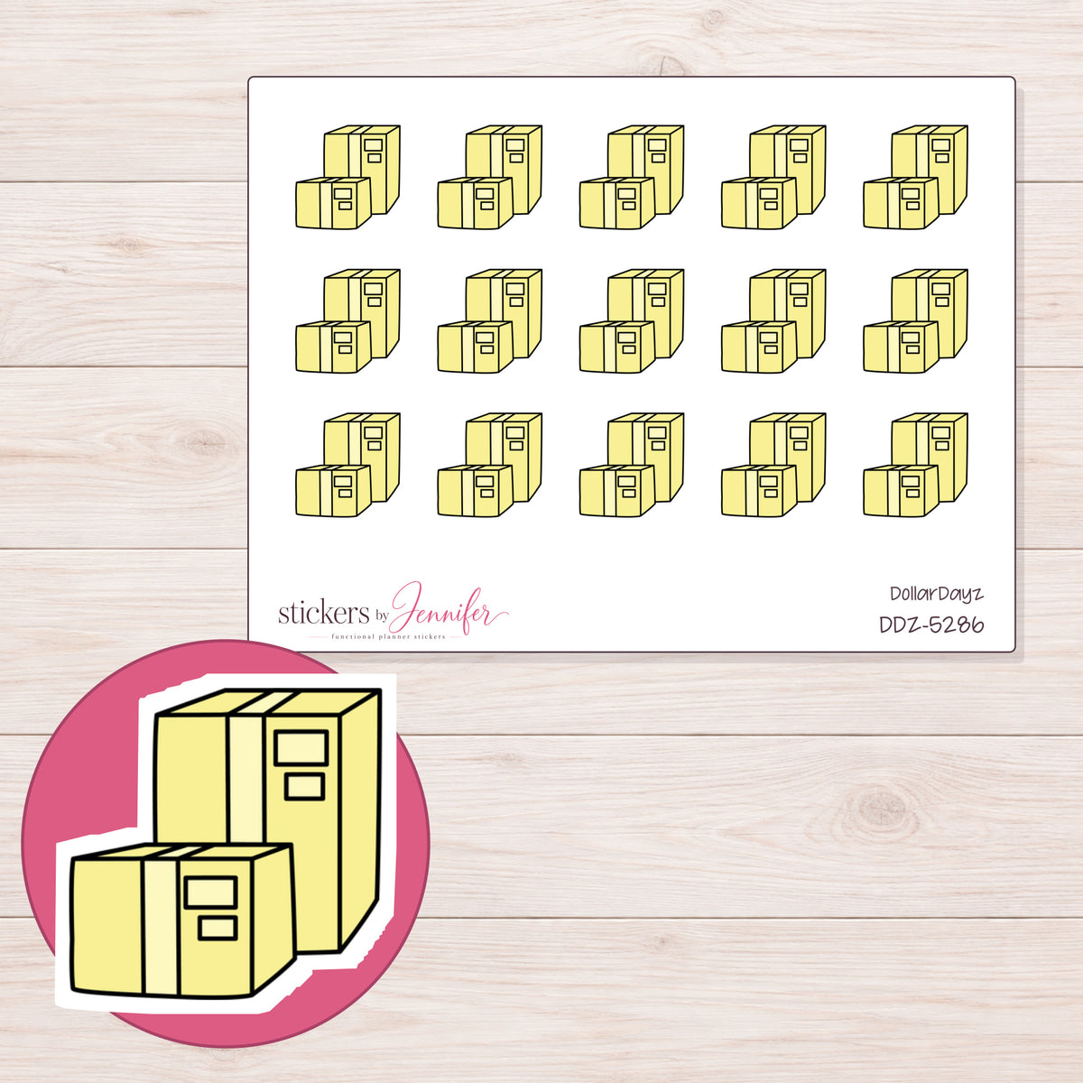Yellow Shipping Boxes Planner Stickers | DDZ-5286 — 4 × 3 inch sheet and enlarged sticker detail