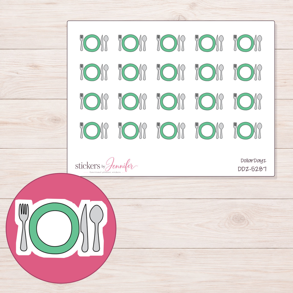 Green Meal Place Setting Planner Stickers | DDZ-5287 — 4 × 3 inch sheet and enlarged sticker detail