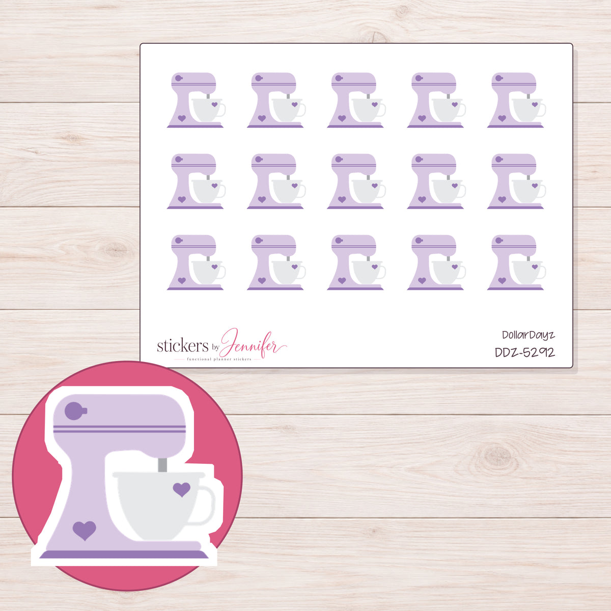 Lavender Stand Mixer Planner Stickers | DDZ-5292 — 4 × 3 inch sheet and enlarged sticker detail