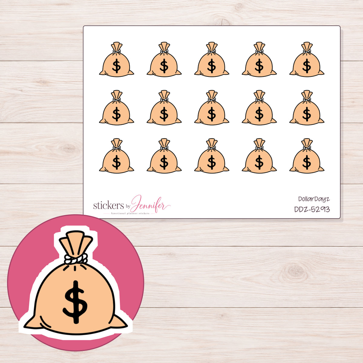 Peach Money Bag Planner Stickers | DDZ-5293 — 4 × 3 inch sheet and enlarged sticker detail