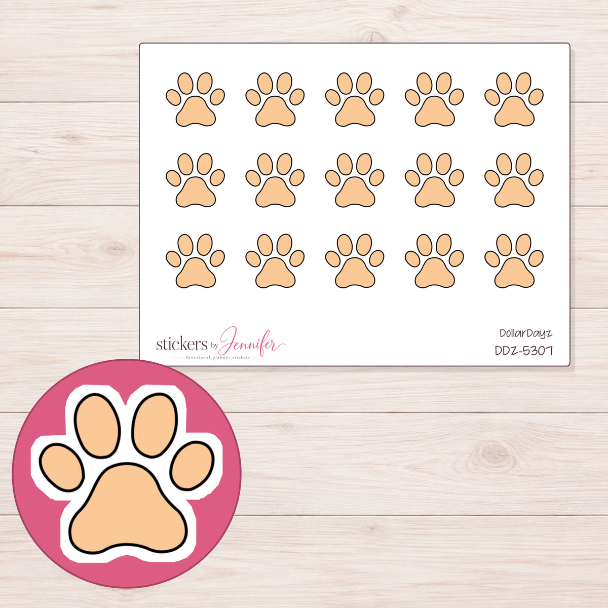 Peach Paw Print Planner Stickers | DDZ-5307 — 4 × 3 inch sheet and enlarged sticker detail