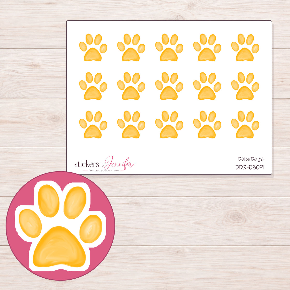 Golden Paw Print Planner Stickers | DDZ-5309 — 4 × 3 inch sheet and enlarged sticker detail