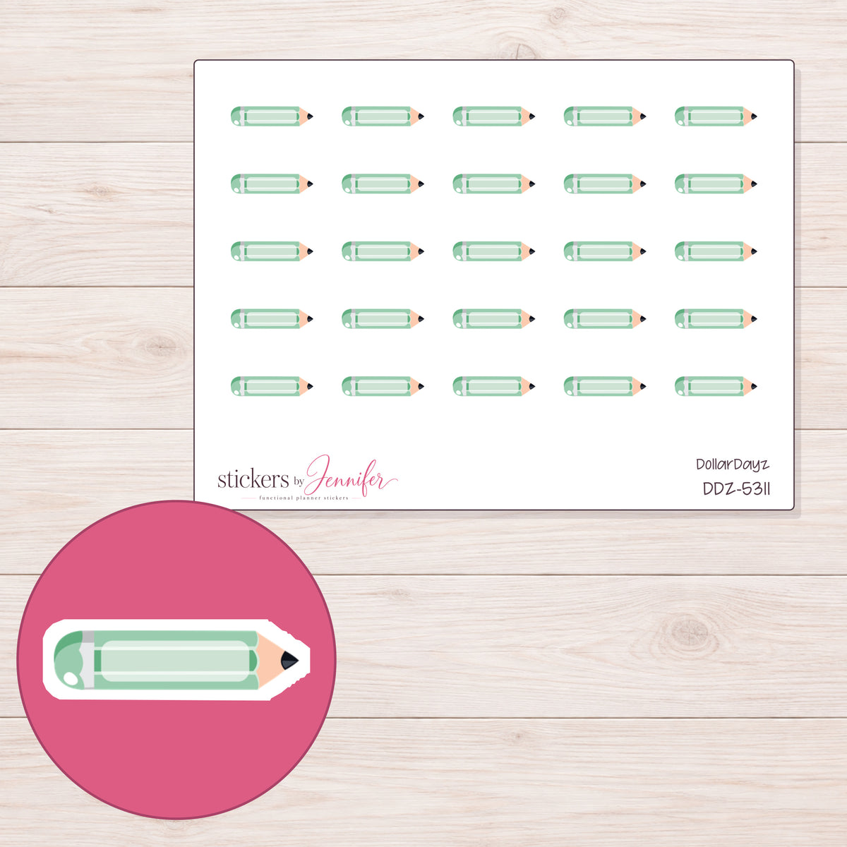 Mint Pencil Planner Stickers | DDZ-5311 — 4 × 3 inch sheet and enlarged sticker detail