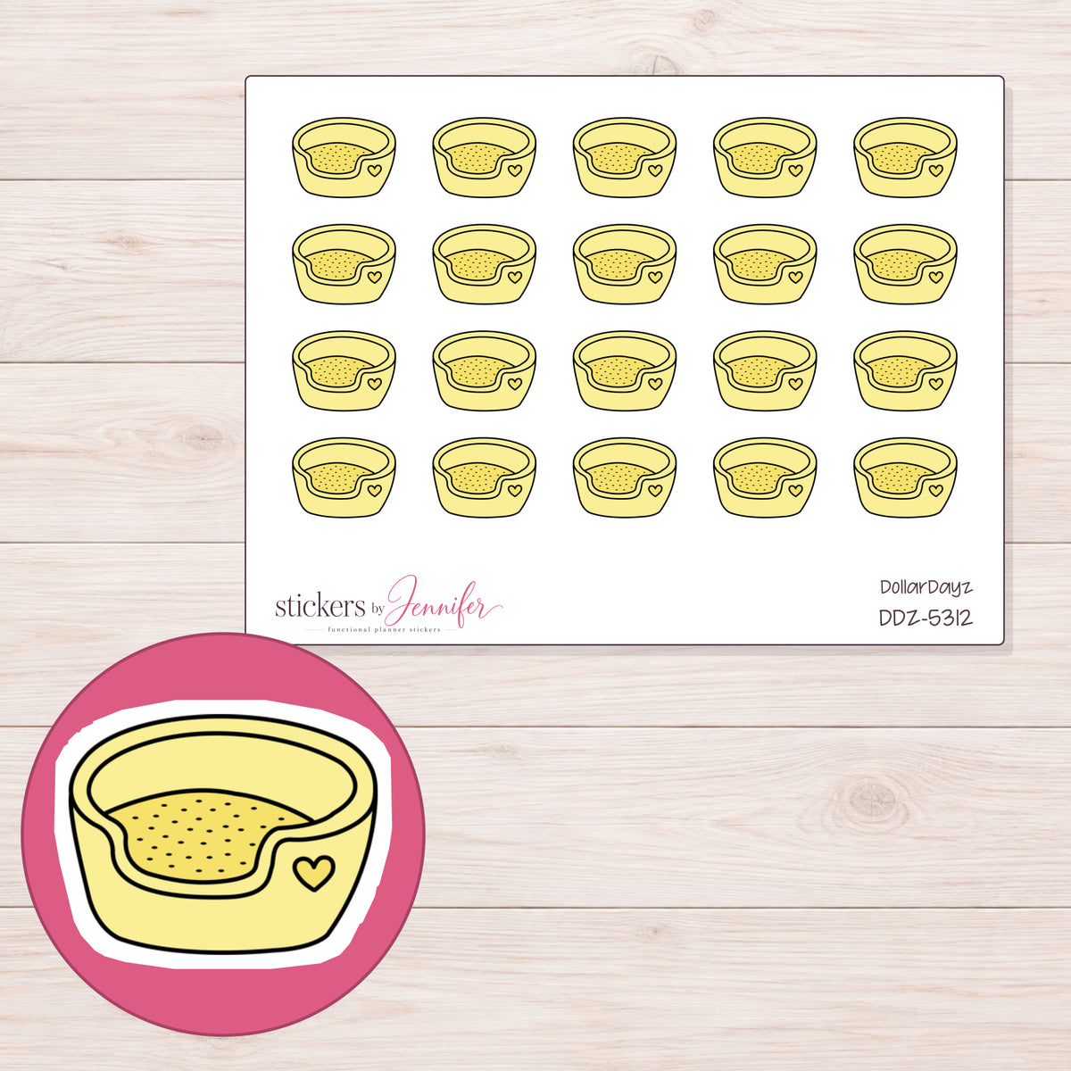 Yellow Pet Bed Planner Stickers | DDZ-5312 — 4 × 3 inch sheet and enlarged sticker detail