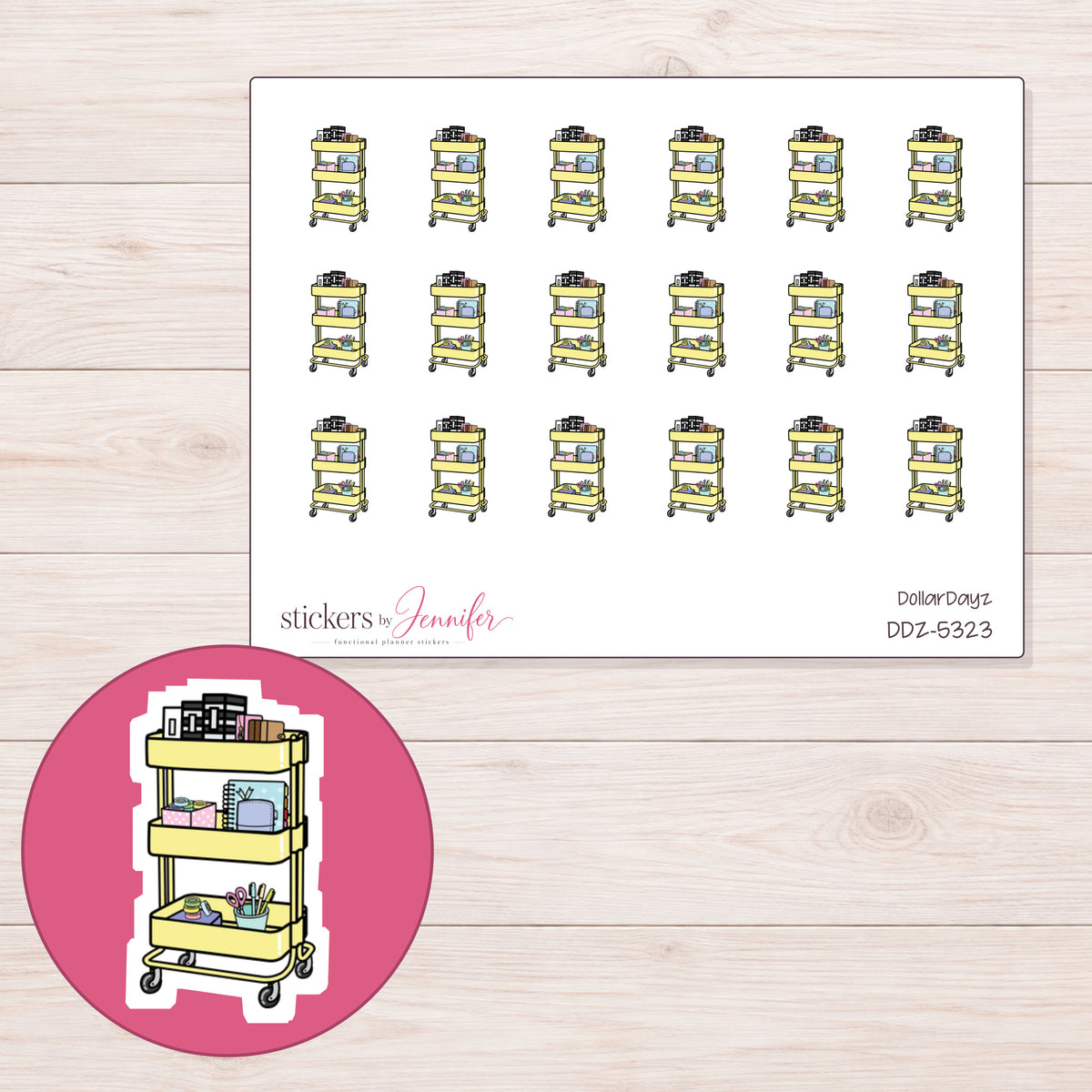 Yellow Planner Cart Planner Stickers | DDZ-5323 — 4 × 3 inch sheet and enlarged sticker detail