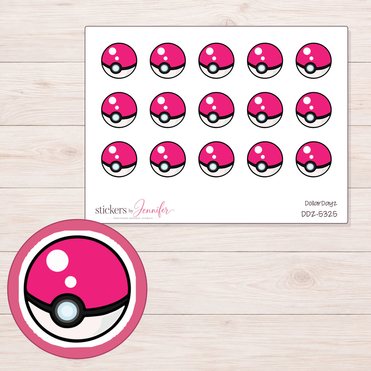 Pink Game Ball Planner Stickers | DDZ-5325 — 4 × 3 inch sheet and enlarged sticker detail